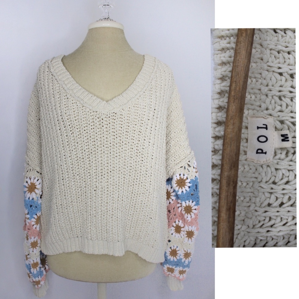 POL EUC Beige Chenille Oversized Granny Square Crochet Sleeves Sweater Medium - Picture 2 of 13